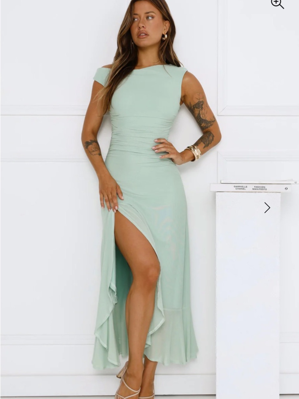 Hello Molly Mint Green Off-Shoulder Ruched Maxi Dress with Side Slit